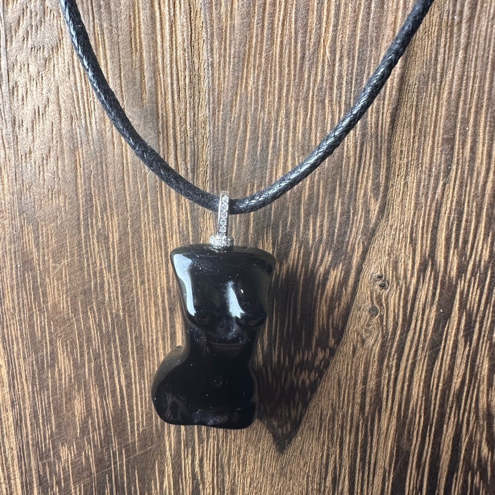 Black Obsidian Lady Body Pendant Necklace on Black Rope, Sterling Silver Bail - Picture 4 of 14
